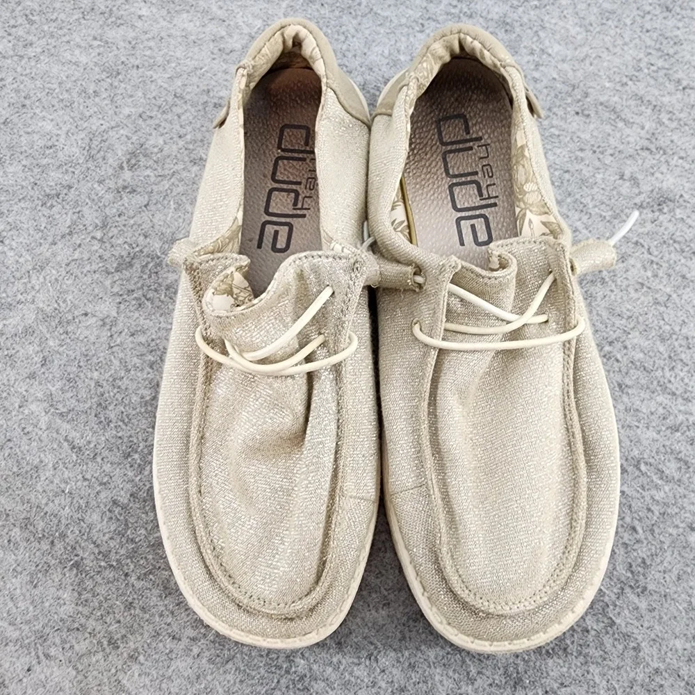 Hey Dude Wendy Stretch Sparkling Beige Shoes Women 8 Gold Shimmer Slip On Loafer